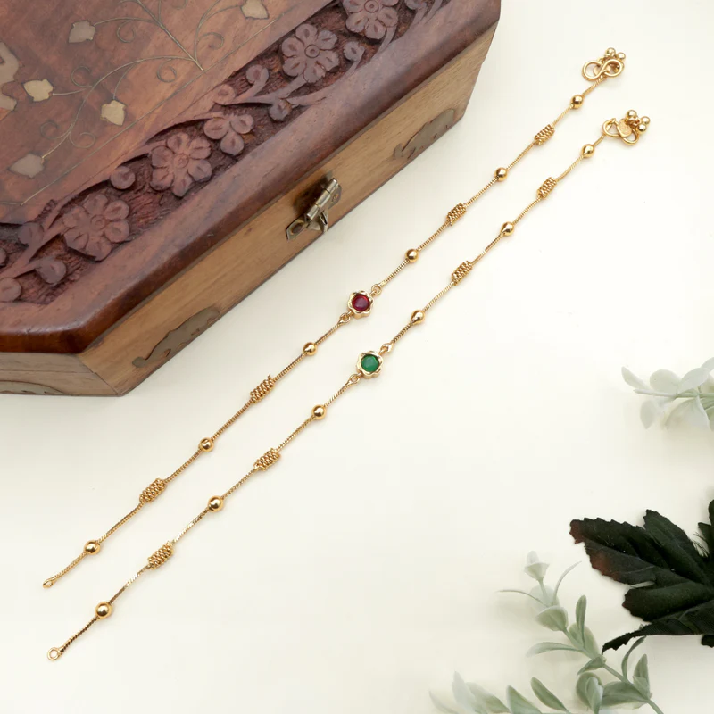 Antique Gold Spiral Balls 2 in 1 Stone Flower Anklets - Ruby & Green